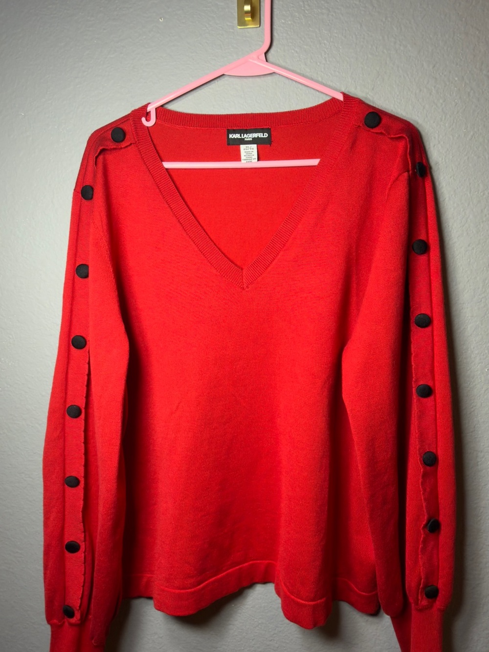 Karl Lagerfeld Bright Red V-Neck Sweater with Black Button Trim